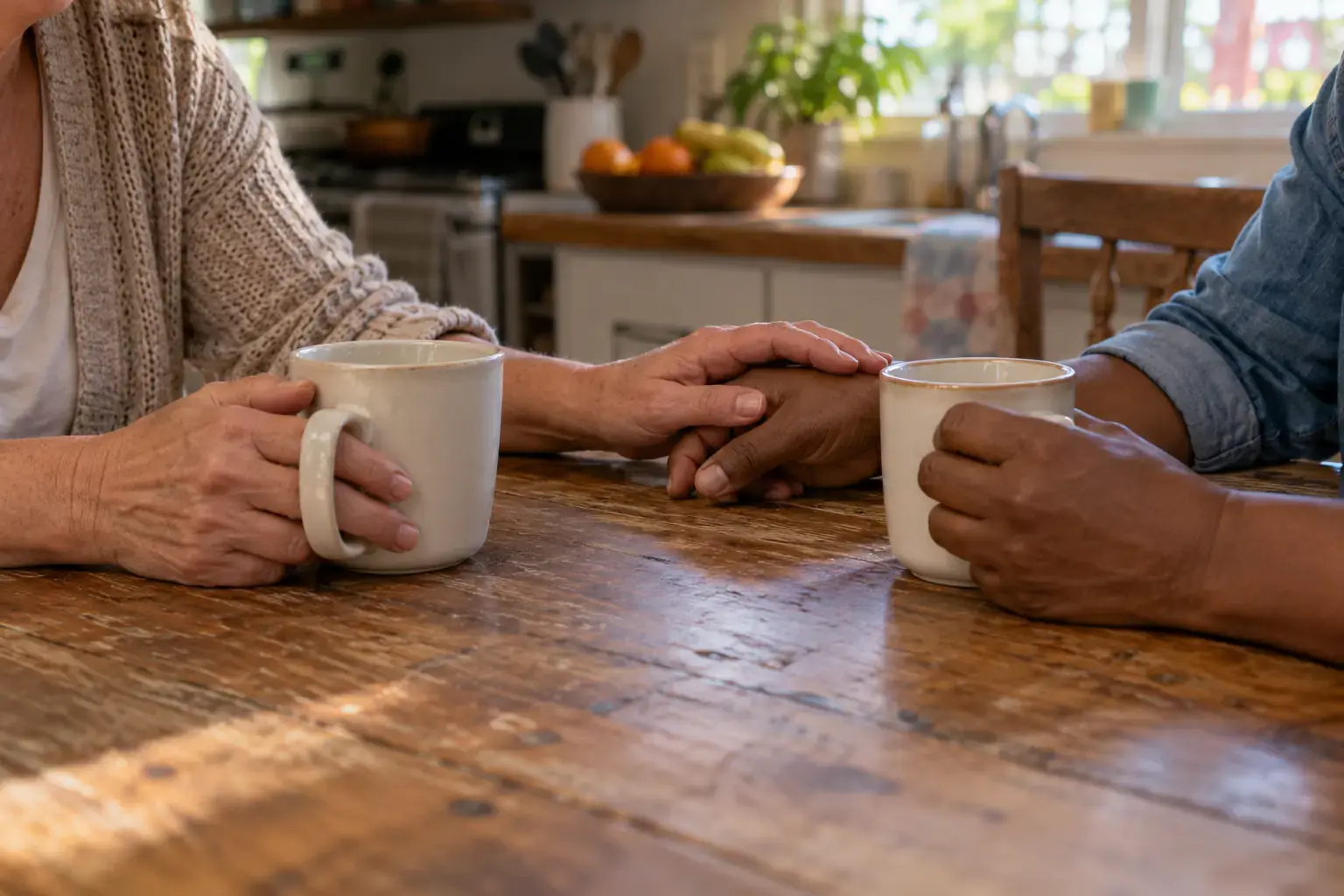 Two women holding coffee mugs, one resting her hand on the other's hand.