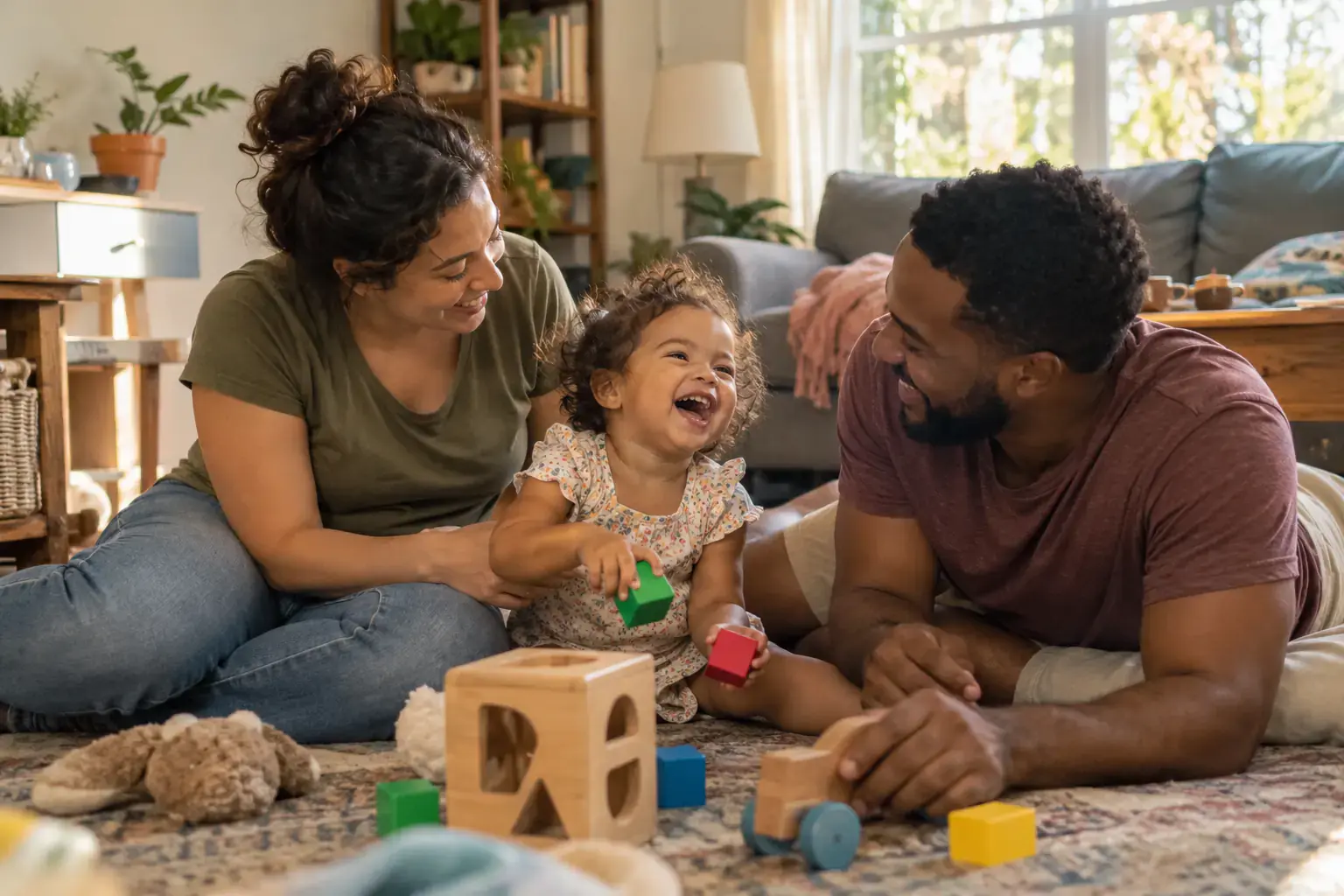 A mother and father playing with their laughing toddler on the living room floor.
