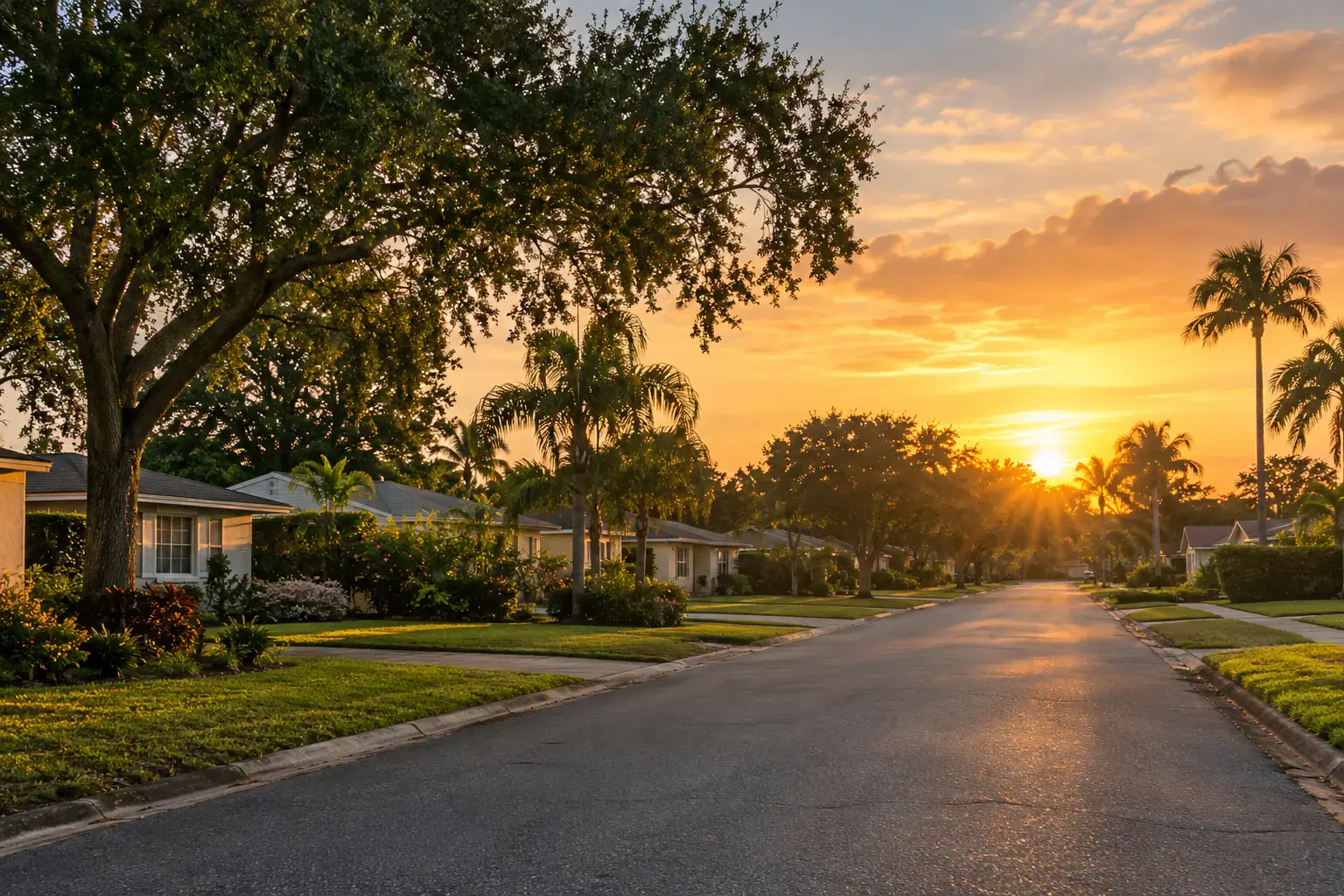 A quiet neighborhood street lined with trees in the early light.