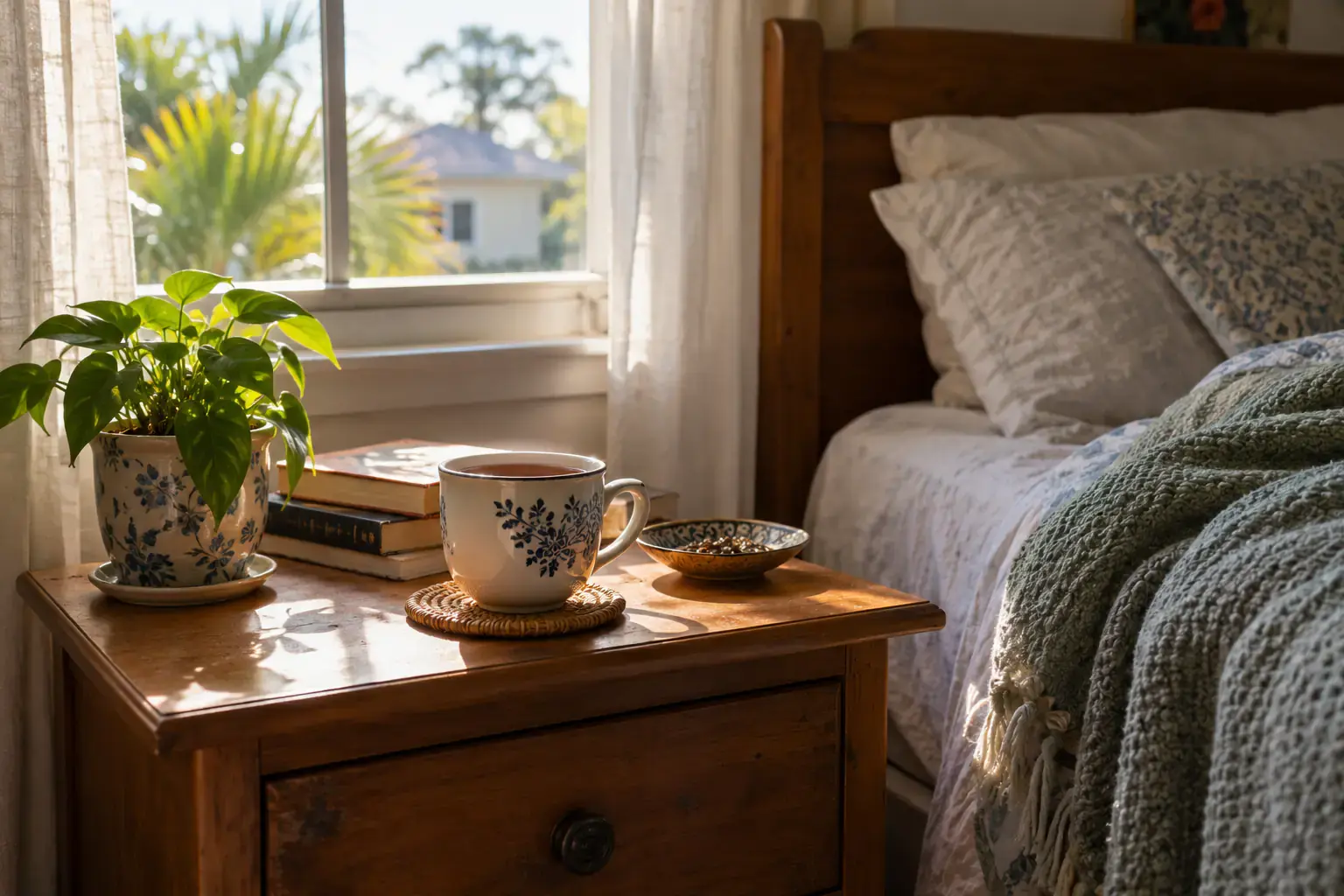 A cup of tea on a bedside table in soft morning light.