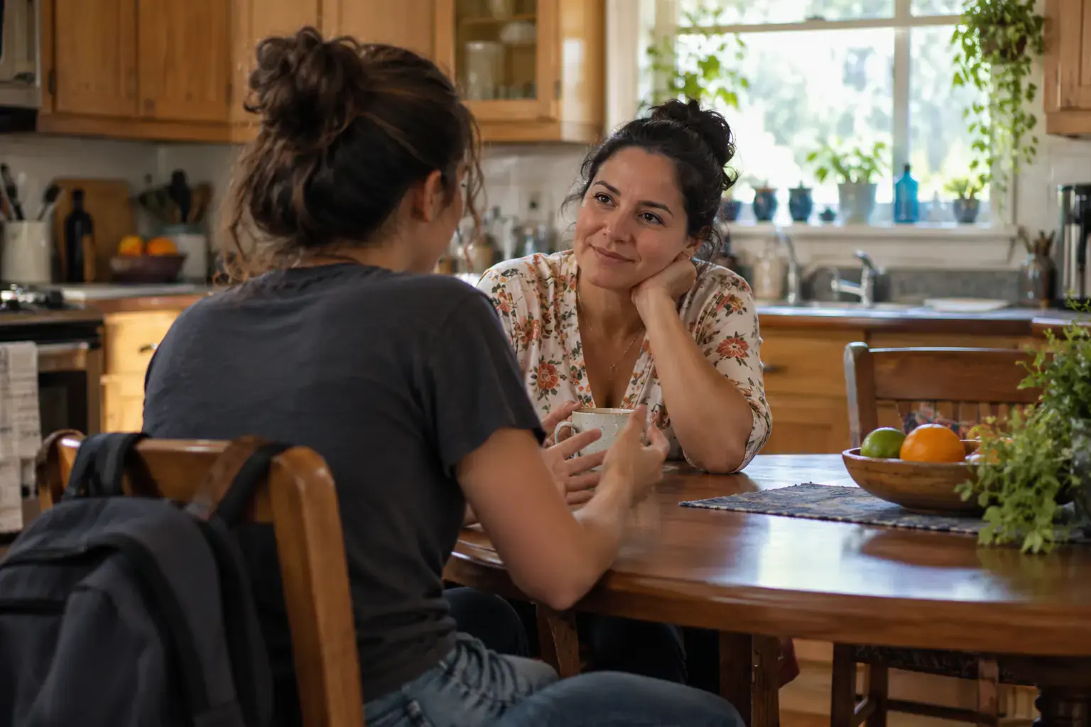 A young woman talking with her mother at the kitchen table.