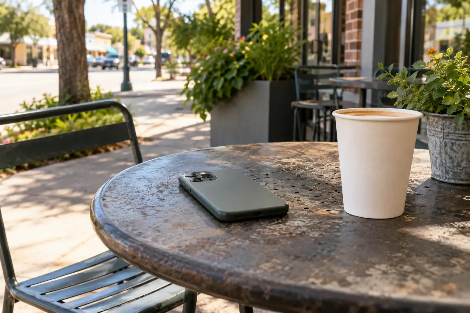 A phone lying face down on a cafe table beside a cup of coffee.