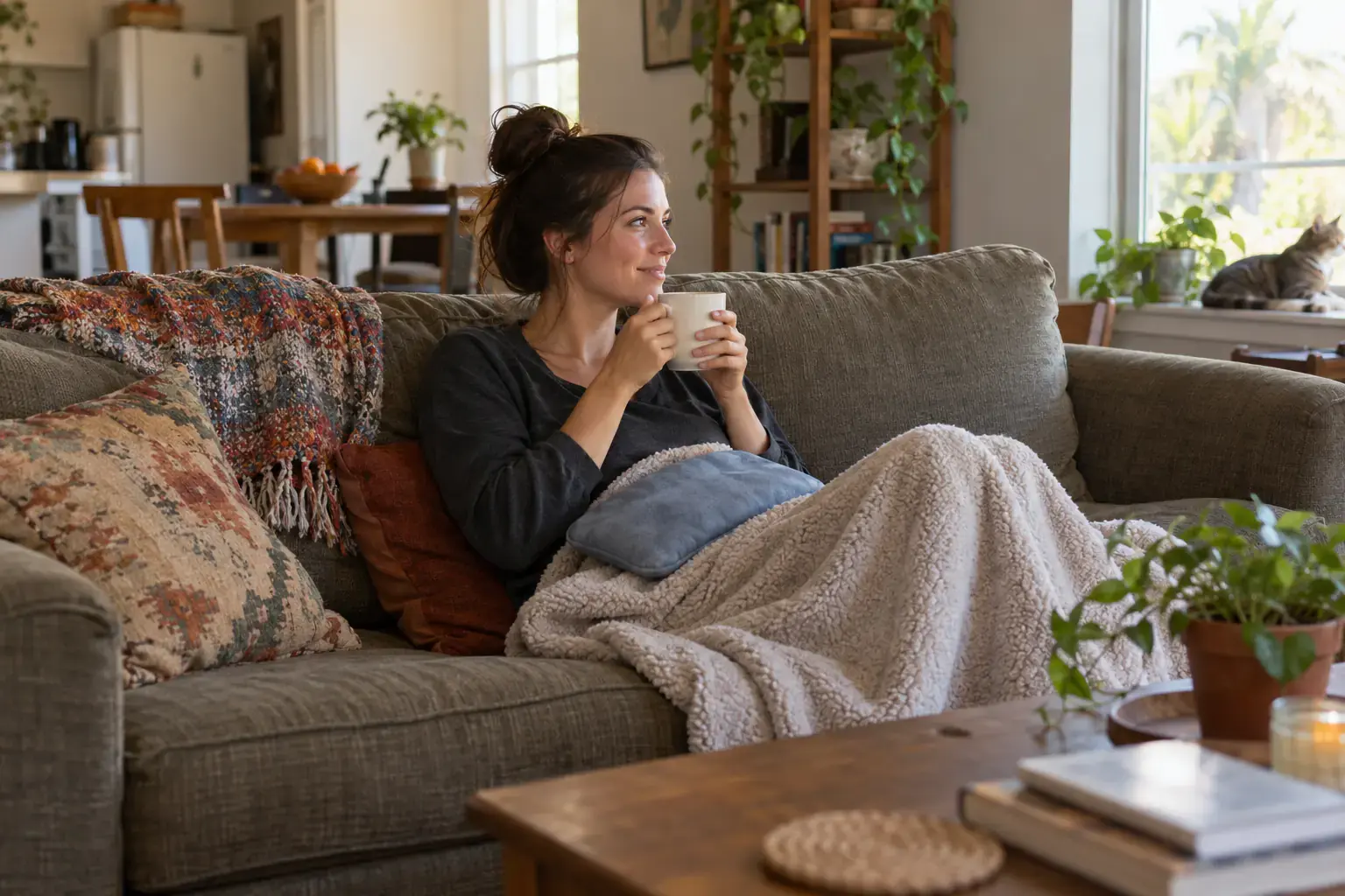A young woman resting on a couch under a blanket with a cup of tea.